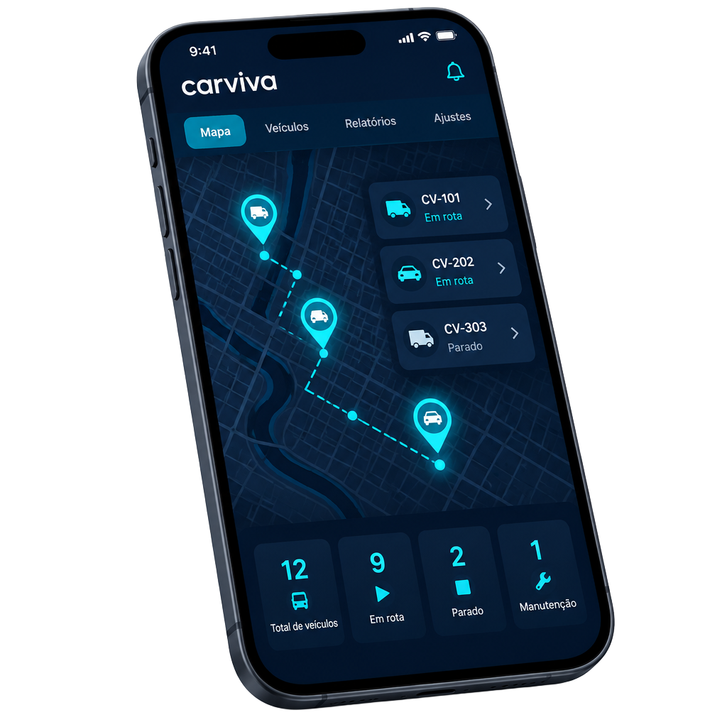 Celular exibindo o painel de gestão de frotas Carviva